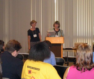Summer 2008 Mentor Award recipient Dr. Janice Zengel (l) at the SURF Mentor Recognition and Closing with award presenter, Kathy Lee Sutphin (r) of the College of Natural and Mathematical Sciences.